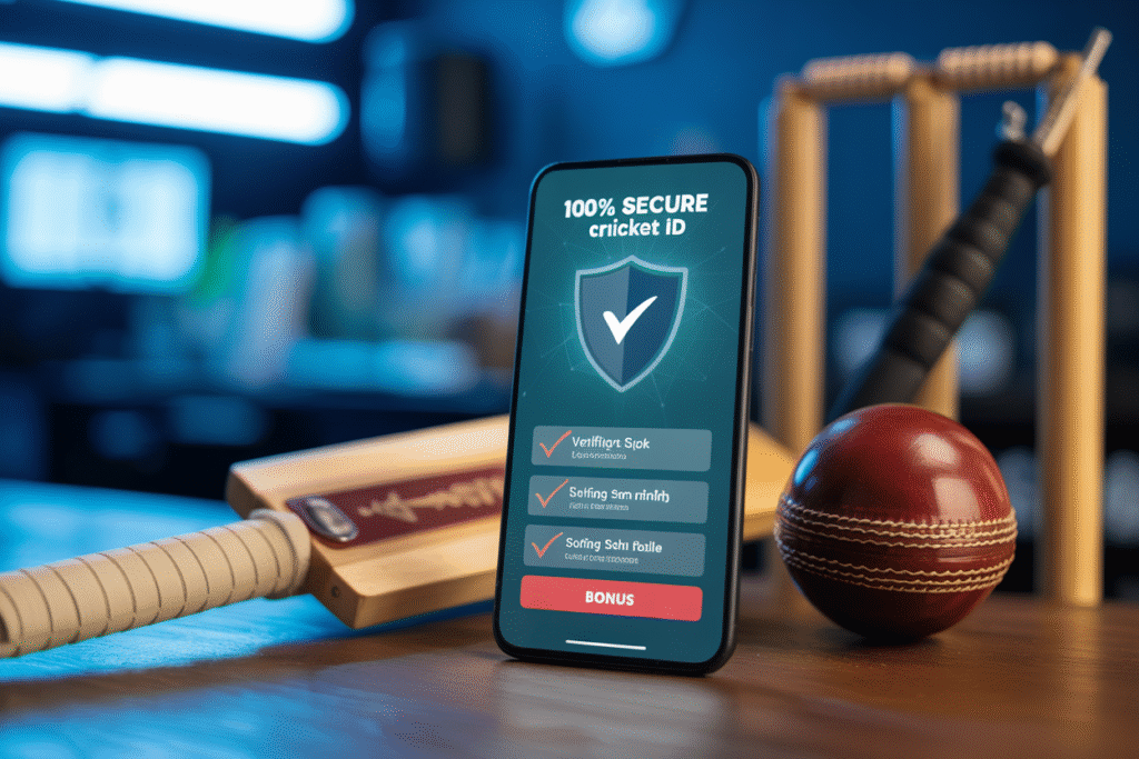 Secure online cricket ID signup on smartphone with bonus offer, cricket bat, and ball on table Secure online cricket ID signup on smartphone with bonus offer, cricket bat, and ball on table