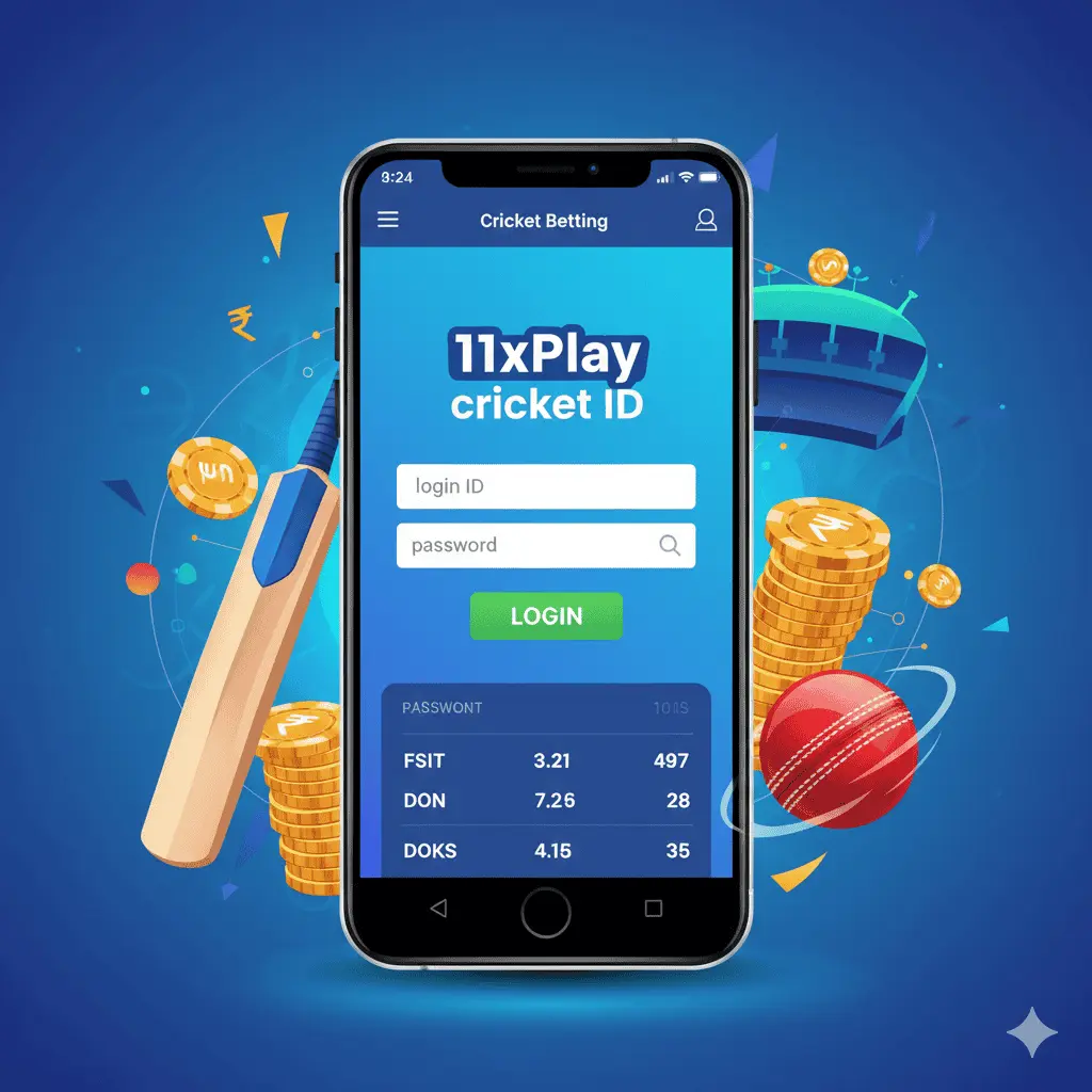 11xPlay cricket ID login screen on a smartphone, with a cricket bat, ball, and golden betting chips