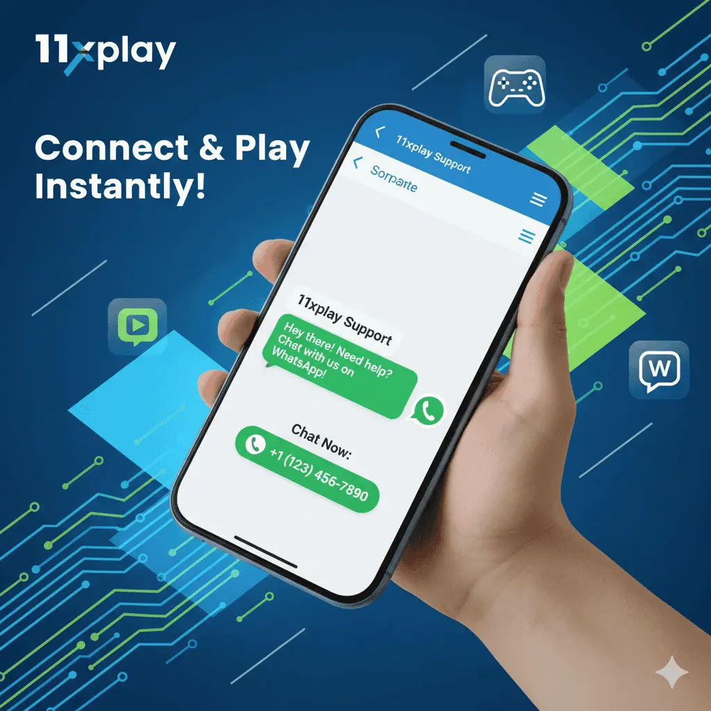 11xplay WhatsApp support chat on a smartphone, showing the contact number and a message to connect for instant gaming help.