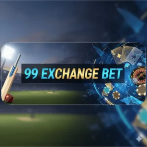 99 Exchange Bet cricket and casino betting exchange banner with bat, ball, cards, and roulette