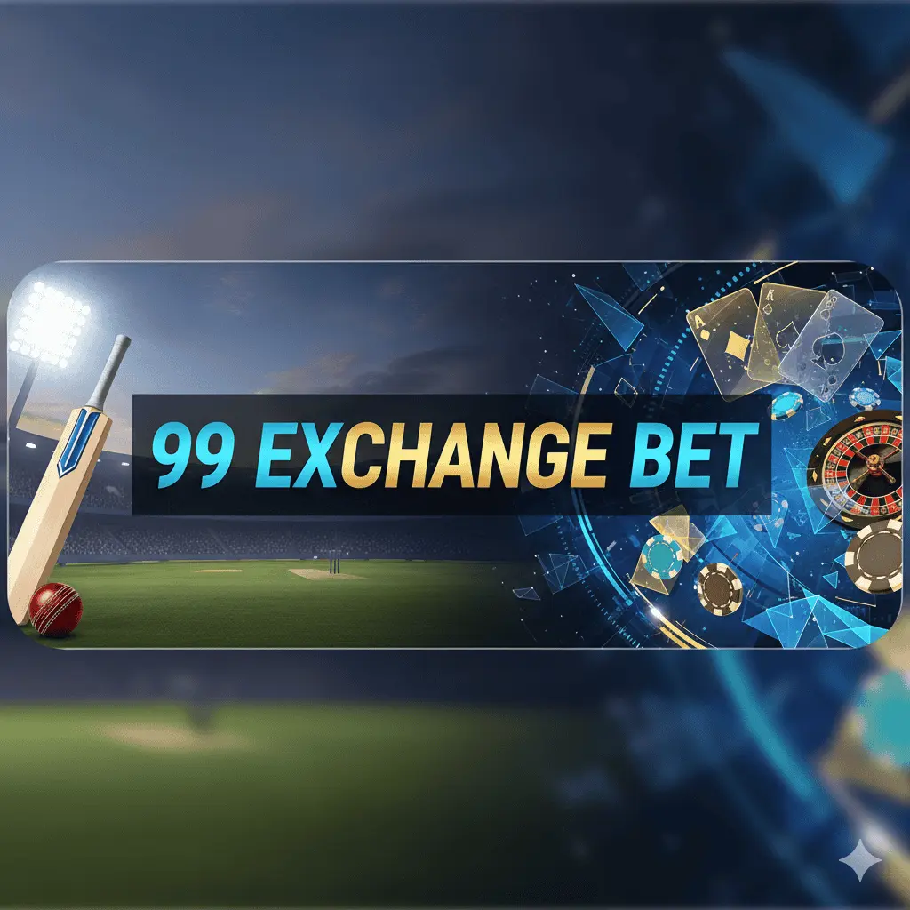 99 Exchange Bet cricket and casino betting exchange banner with bat, ball, cards, and roulette