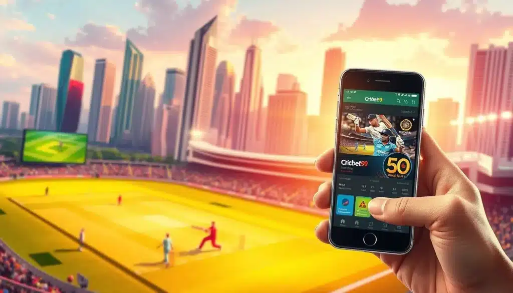 Cricbet99 for cricket betting app on a smartphone with a cricket stadium and city skyline in the background