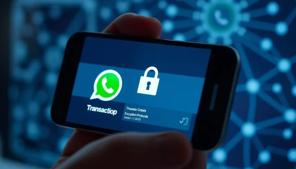 A smartphone showing a secure transaction on WhatsApp with a padlock icon, symbolizing encrypted and safe money transfers.