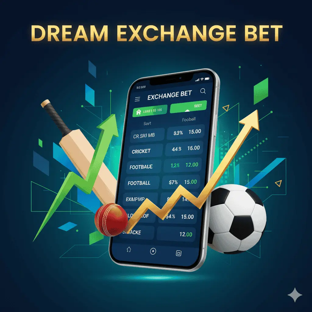 Dream Exchange Bet featured image showing a smartphone with betting odds, cricket bat, ball, football, and upward trending graphs.