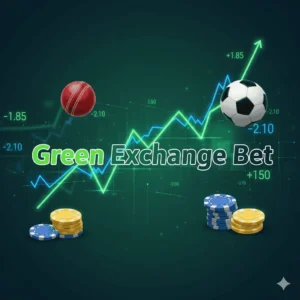 Green Exchange Bet banner with glowing sports betting odds, cricket ball, and football.