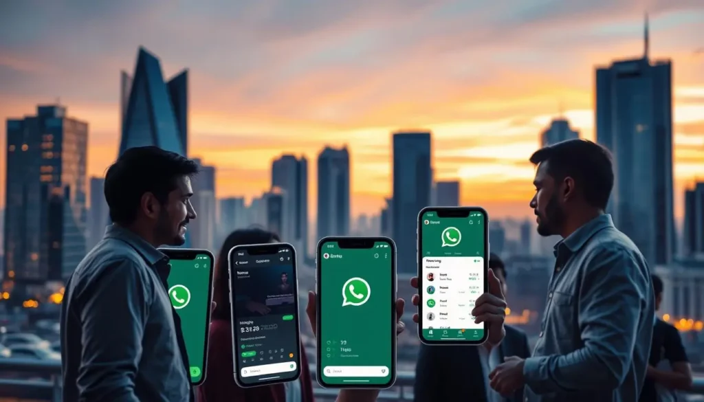 A group of people using their smartphones to access trusted WhatsApp betting sites for a seamless experience, with a city skyline at sunset in the background
